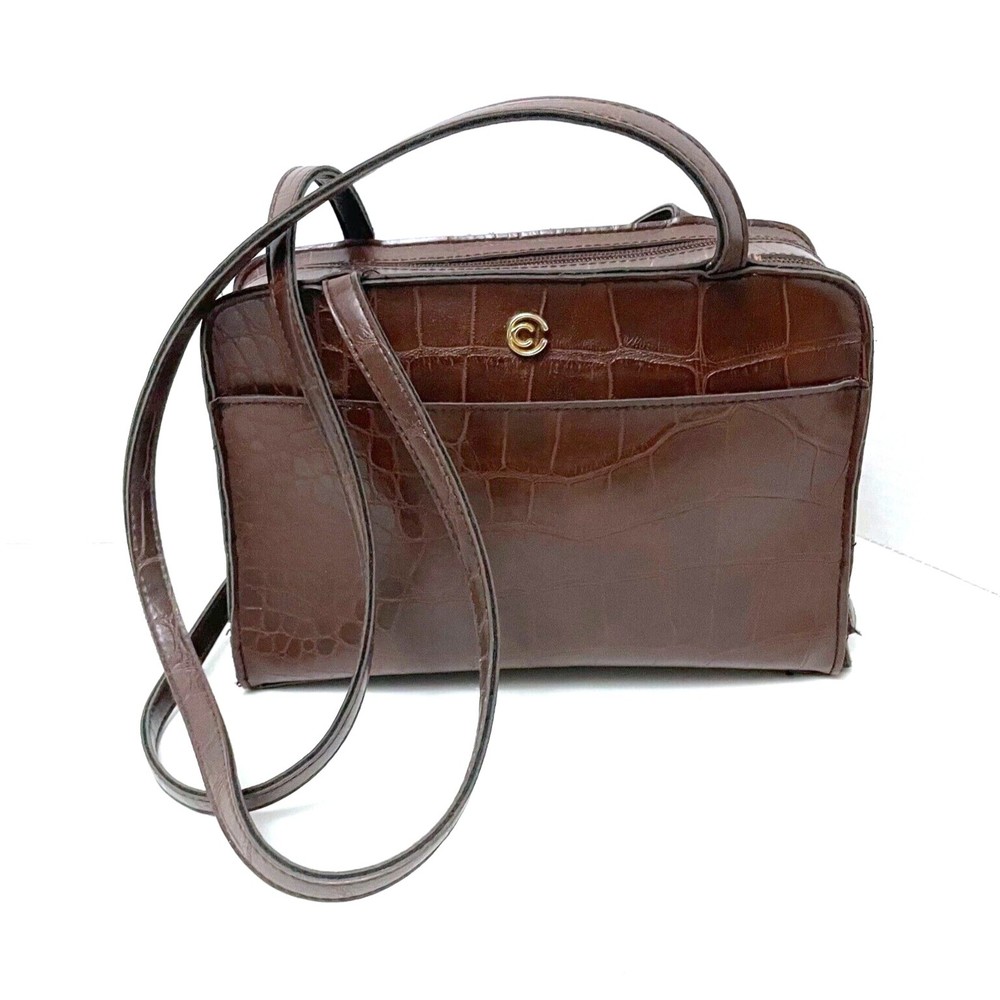 VTG Cornell Brown Faux Crocodile Leather Shoulder Crossbody Bag Long Straps